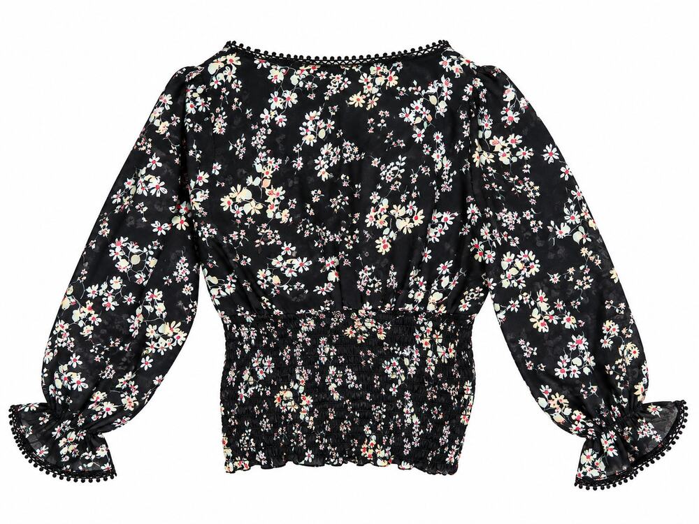 Active USA Womens Small Black Floral Blouse Wrap V Neck Puff Sleeve Sheer Top